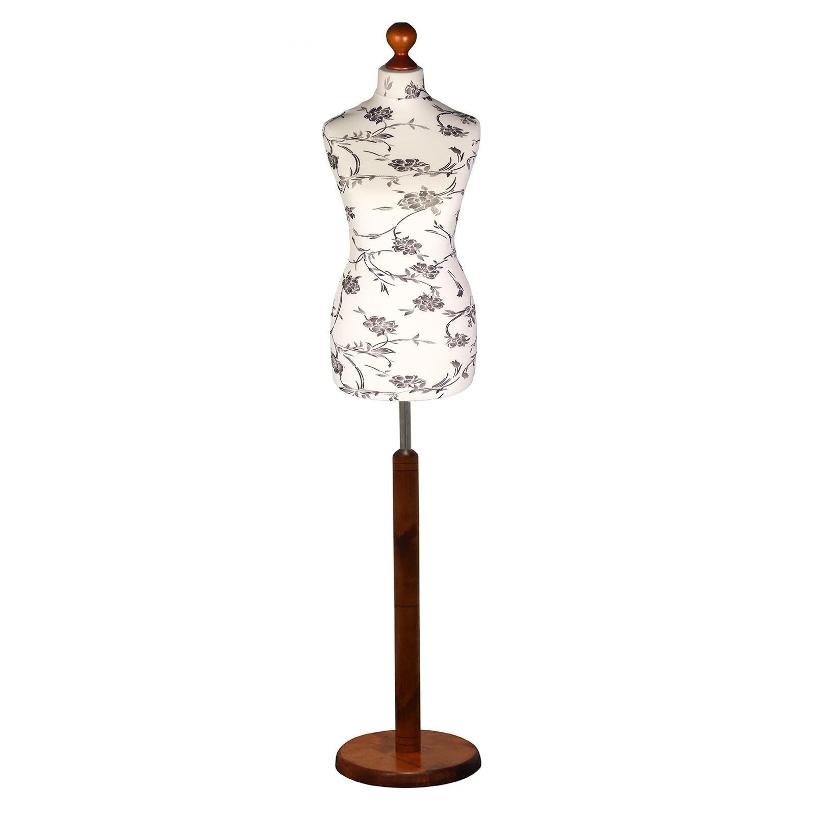 Female Dressmakers Mannequin Black Floral with Choice of Darkwood Round Base Stands