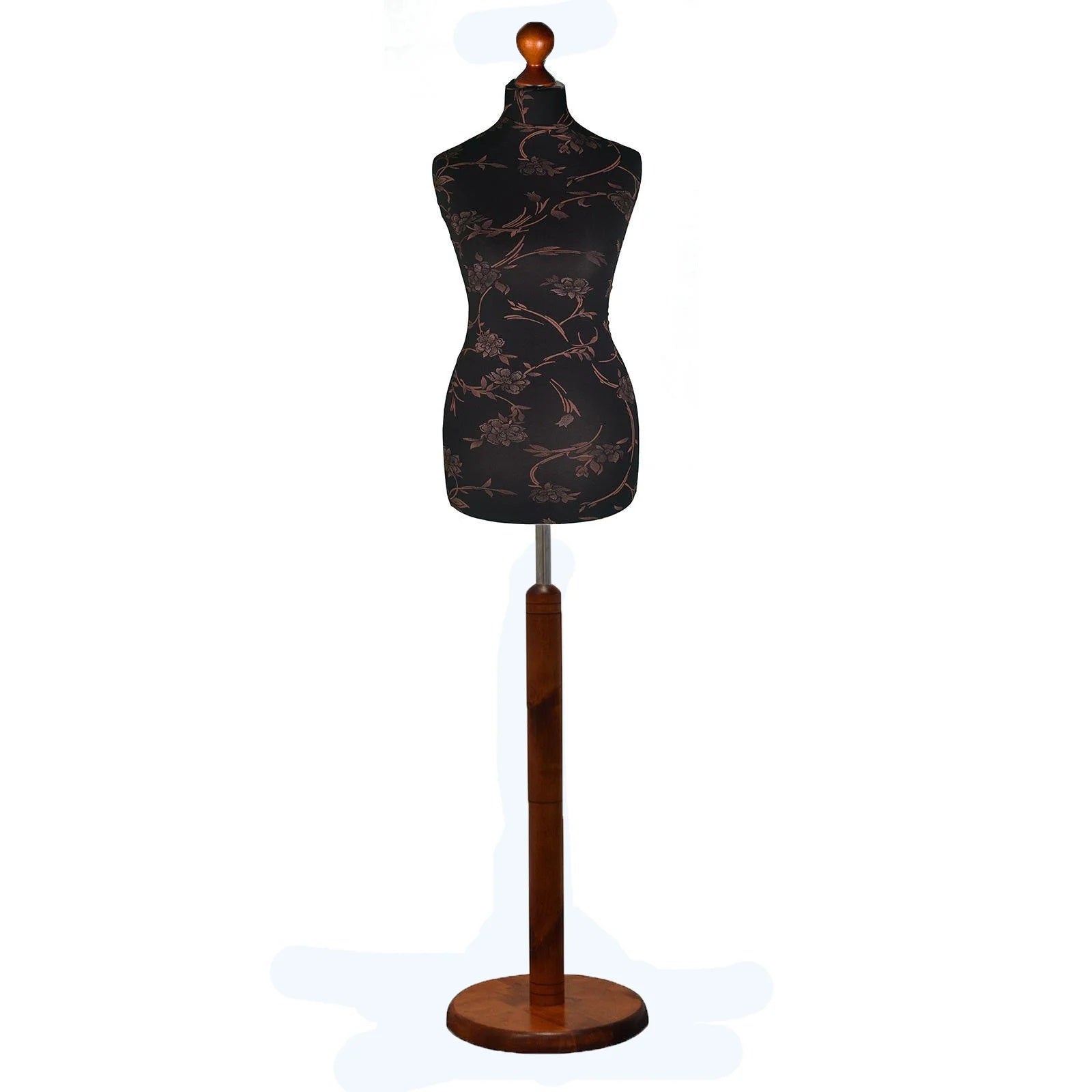 Female Tailors Dummy Brown Floral On Black with Choice of Darkwood Round Base Stands