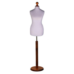 Silver female dressmakers dummy with dark wood round base, adjustable height, ideal for sewing, tailoring, and display.