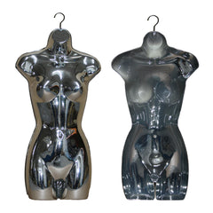 Female full-size shiny chrome hanging body form display mannequin for retail clothing showcases