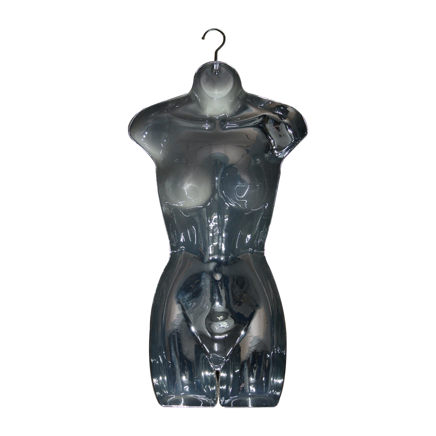 Hanging chrome female torso mannequin for showcasing apparel in retail and exhibitions.