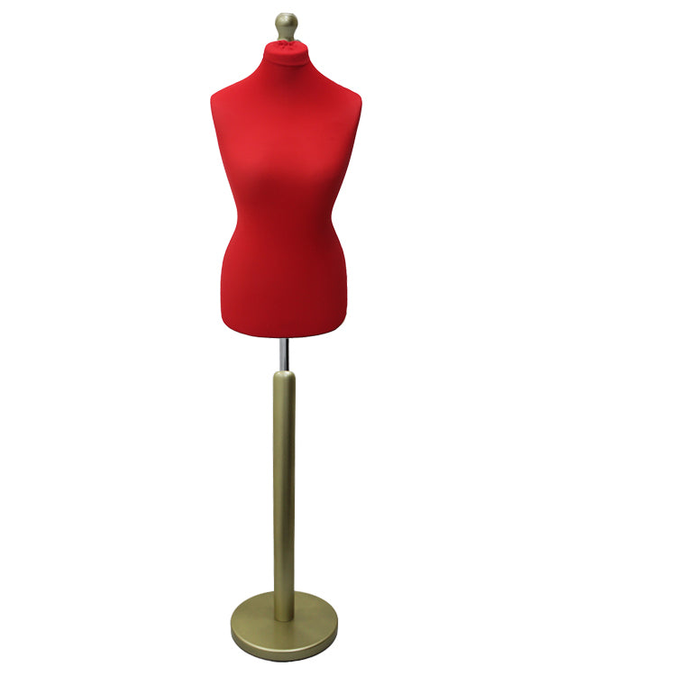 Female Dressmakers Mannequin Red with Choice of gold Round Base Stands