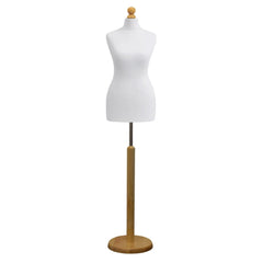 Female Tailors Mannequin White with Choice of lightwood Round Base Stands