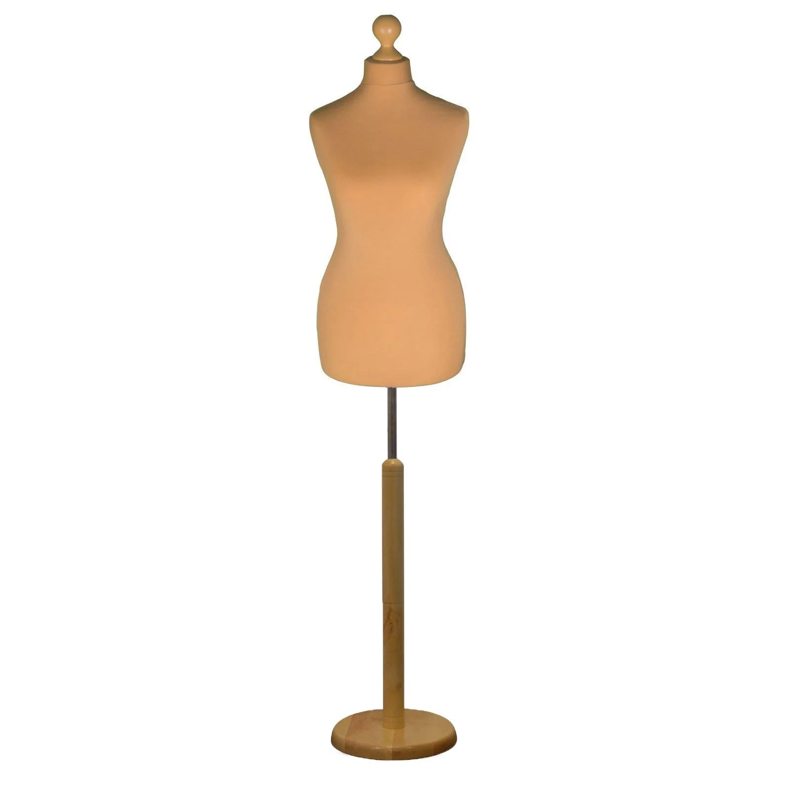 Female Tailors Mannequin Gold with Choice of Lightwood Round Base Stands