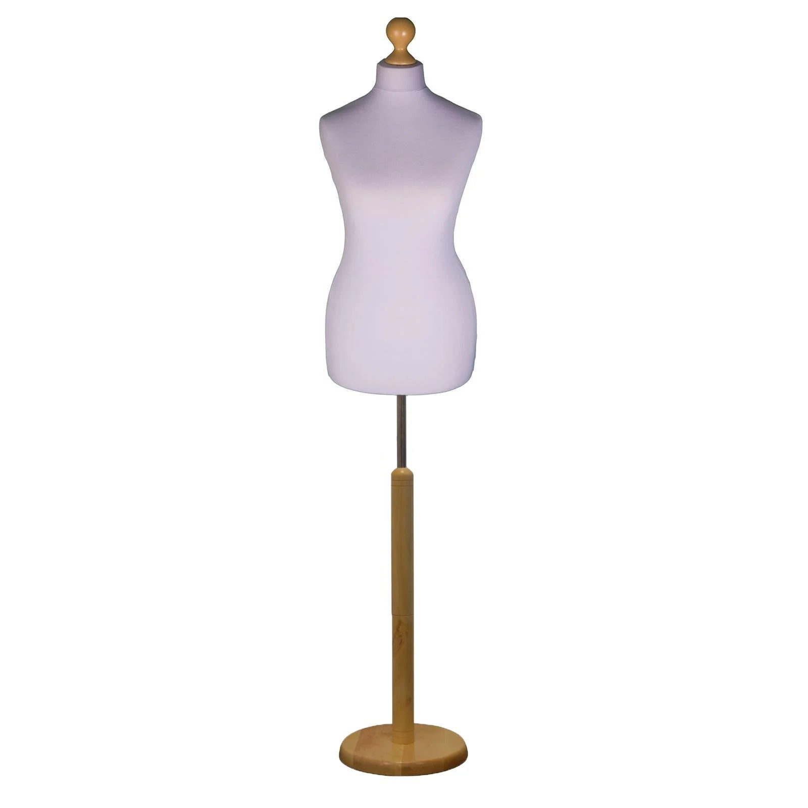 Female Dressmakers Dummy Silver with Choice of Iightwood Round Base Stands