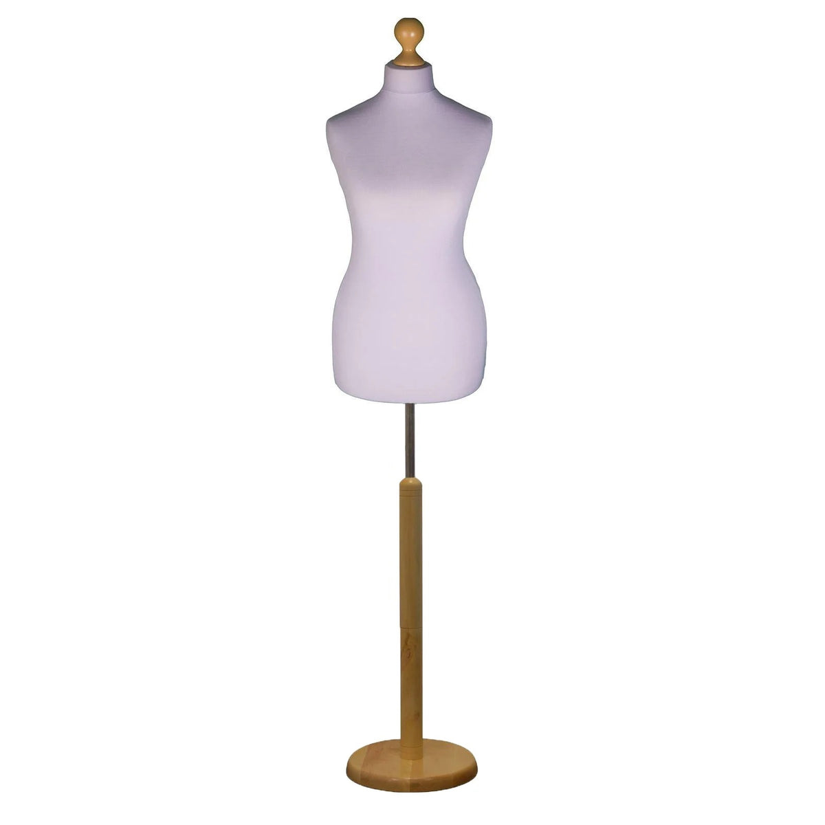 Female Dressmakers Dummy Silver with Choice of Iightwood Round Base Stands