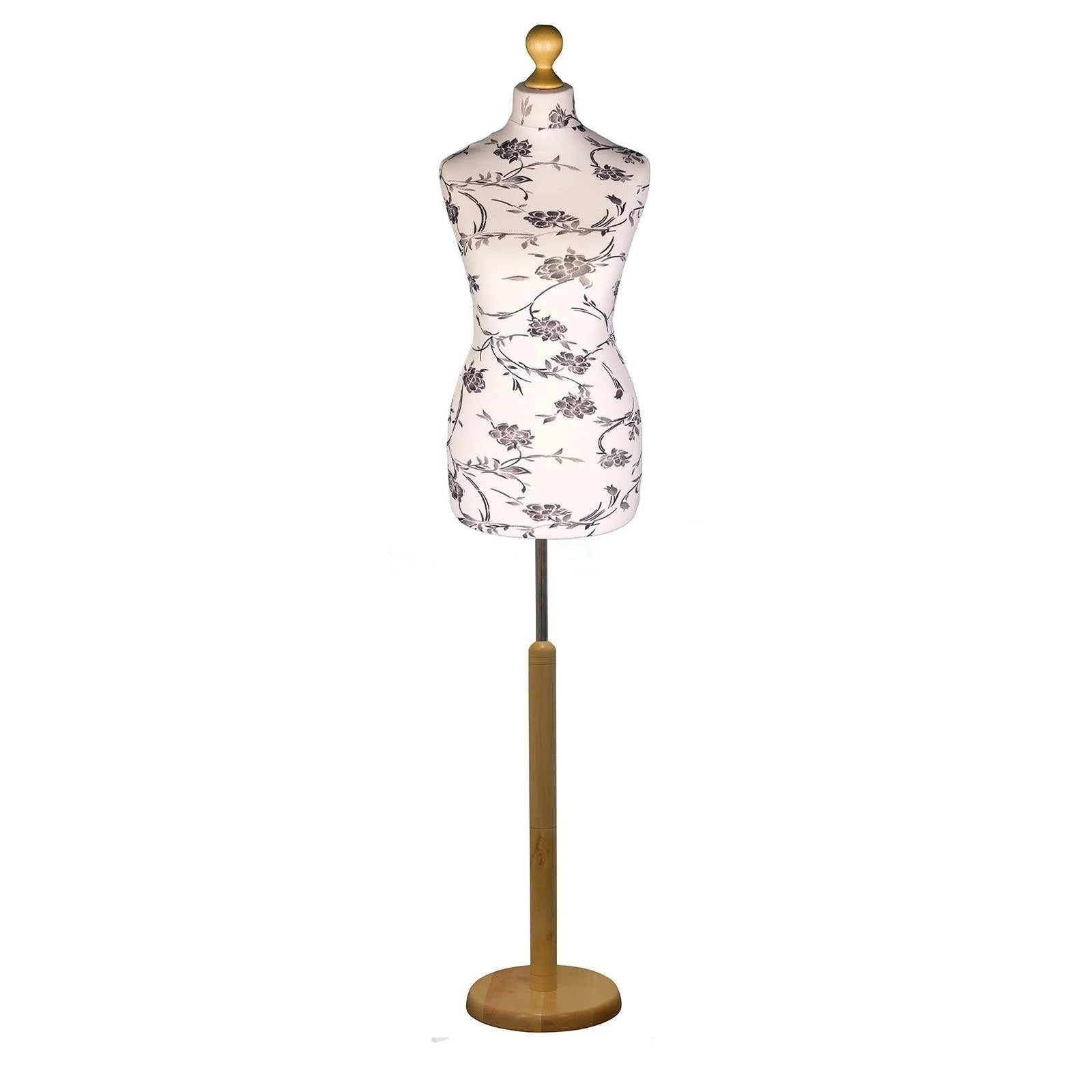 Female Dressmakers Mannequin Black Floral with Choice of Light wood Round Base Stands