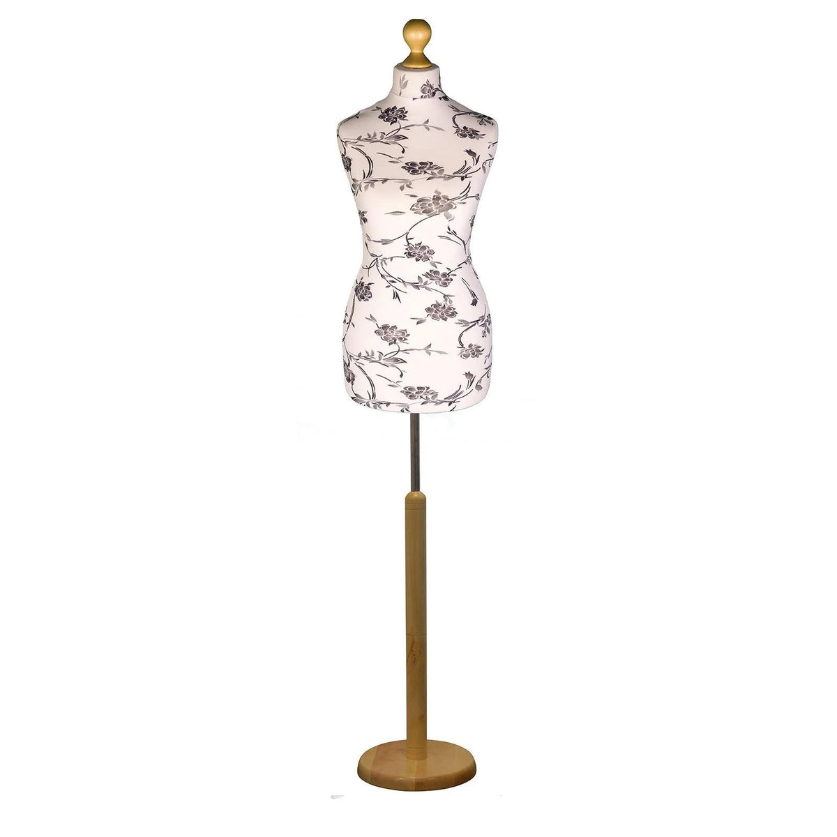 Female Dressmakers Mannequin Black Floral with Choice of Light wood Round Base Stands