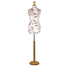 Female Dressmakers Mannequin Black Floral with Choice of Light wood Round Base Stands