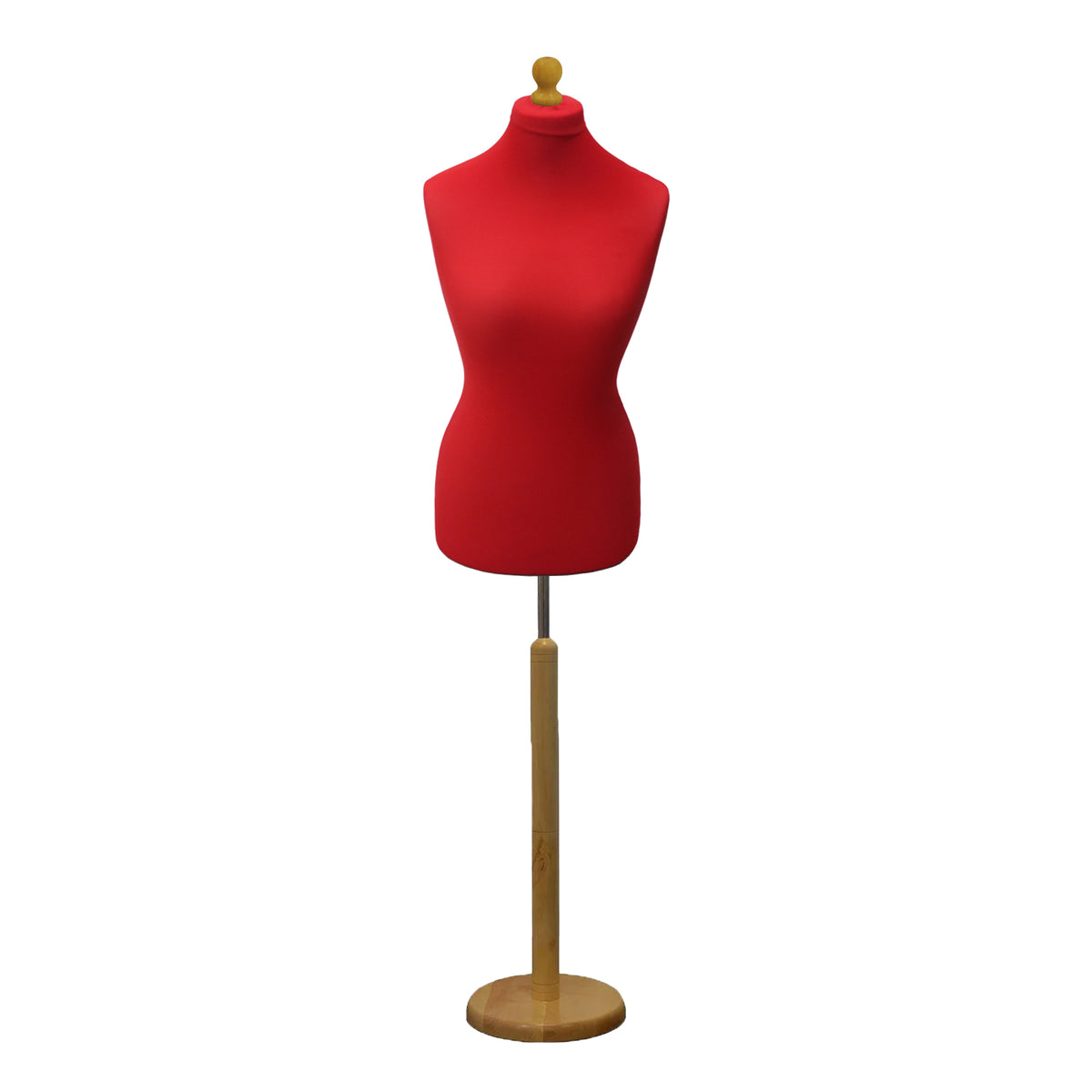 Female Dressmakers Mannequin Red with Choice of Lightwood Round Base Stands