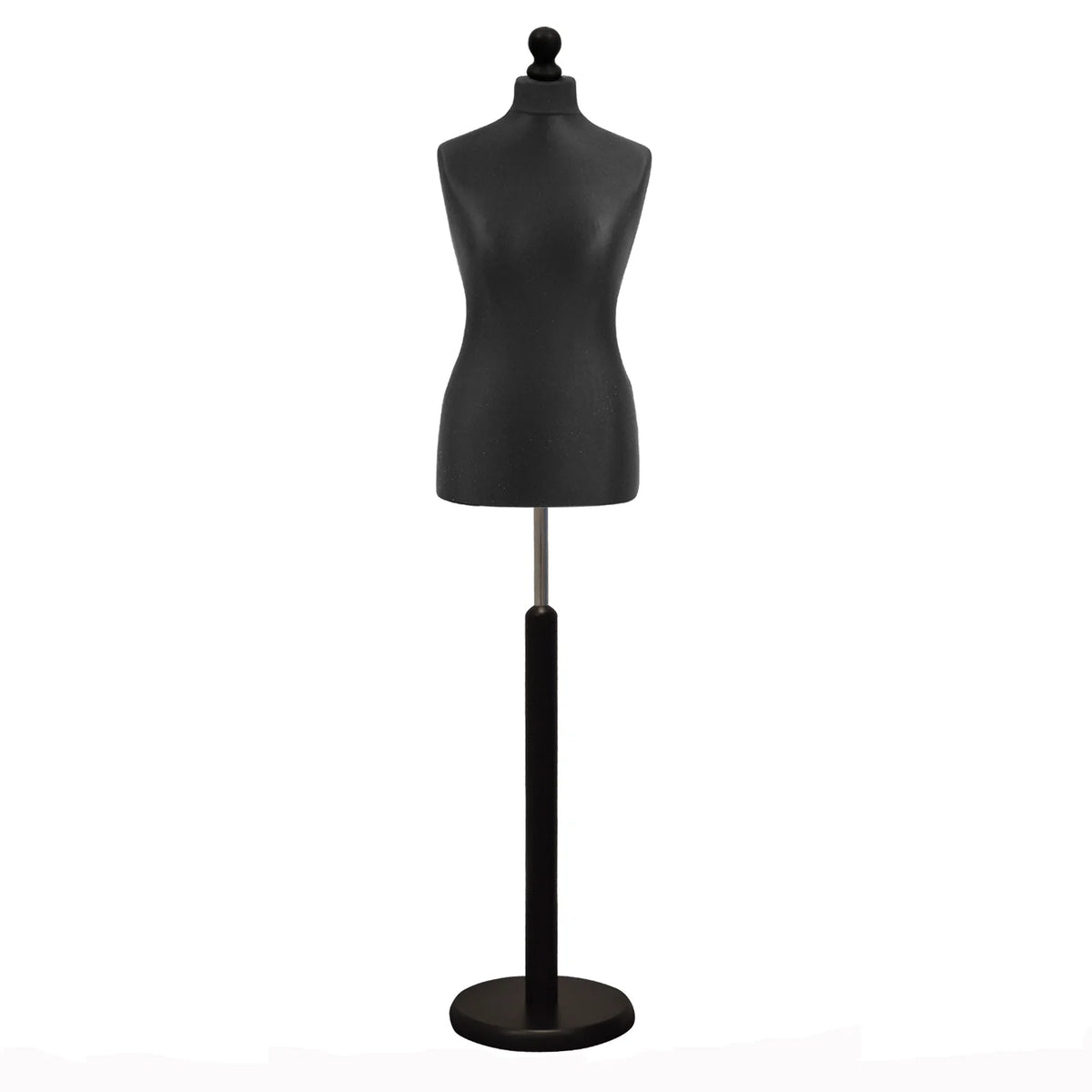 Black torso female dressmakers mannequin on round base