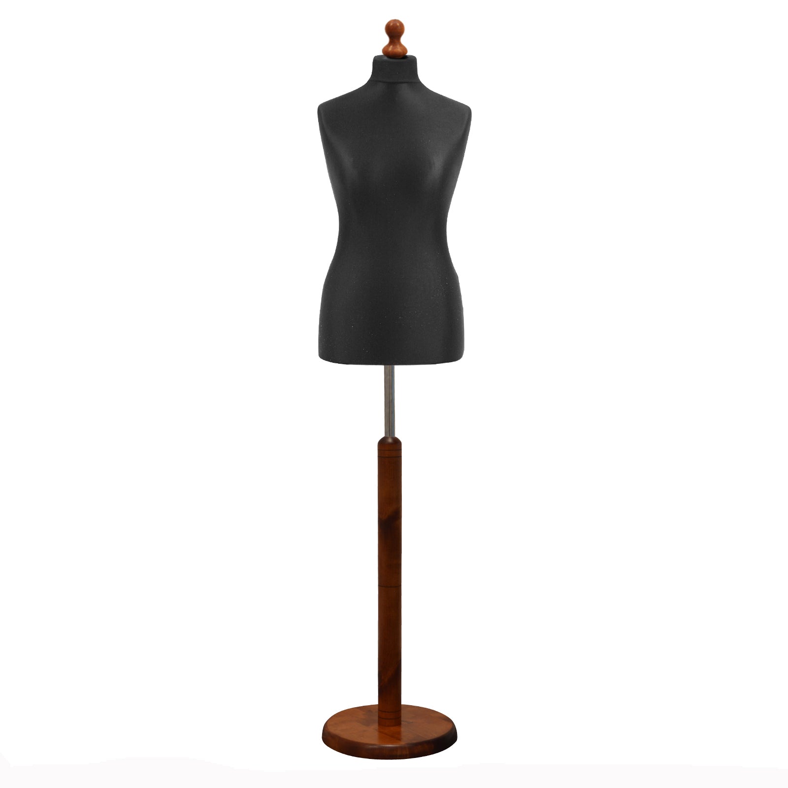 Female Tailors Mannequin Black with Choice of Darkwood Round Base Stands