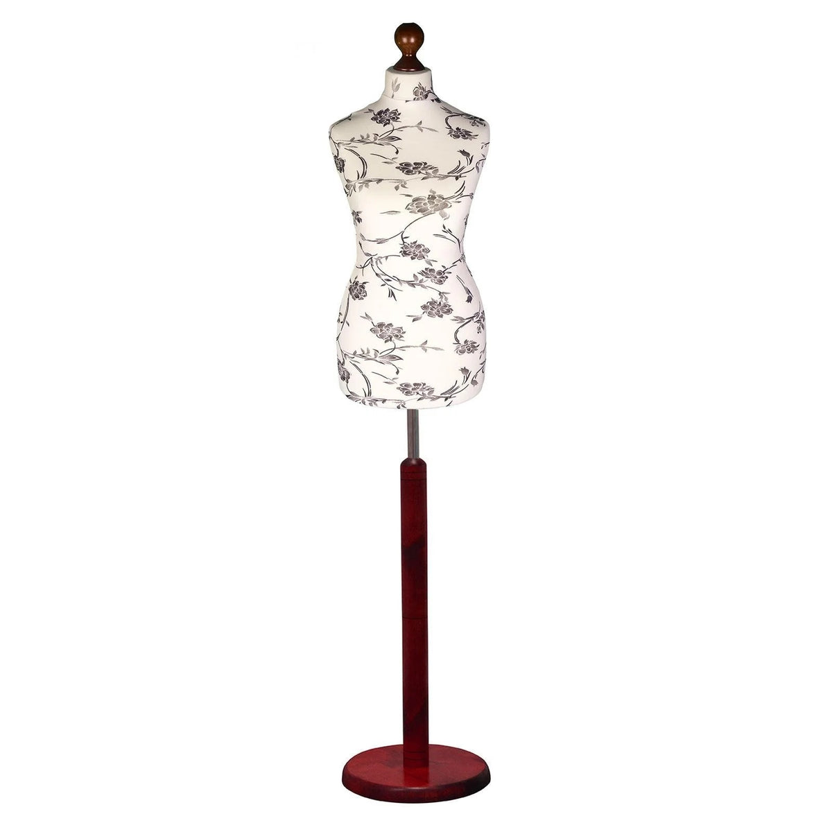 Female Dressmakers Mannequin Black Floral with Red Wood Round Stand