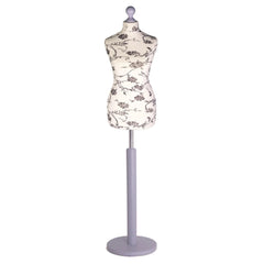 Female Dressmakers Mannequin Black Floral with Silver Wood Round Stand