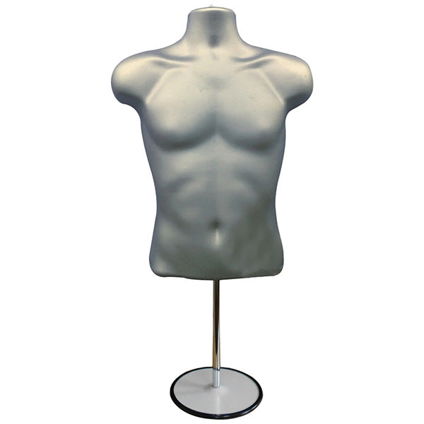 Half 3/4 Male Hanging Plastic Mannequin Silver Body Form with Round base stand