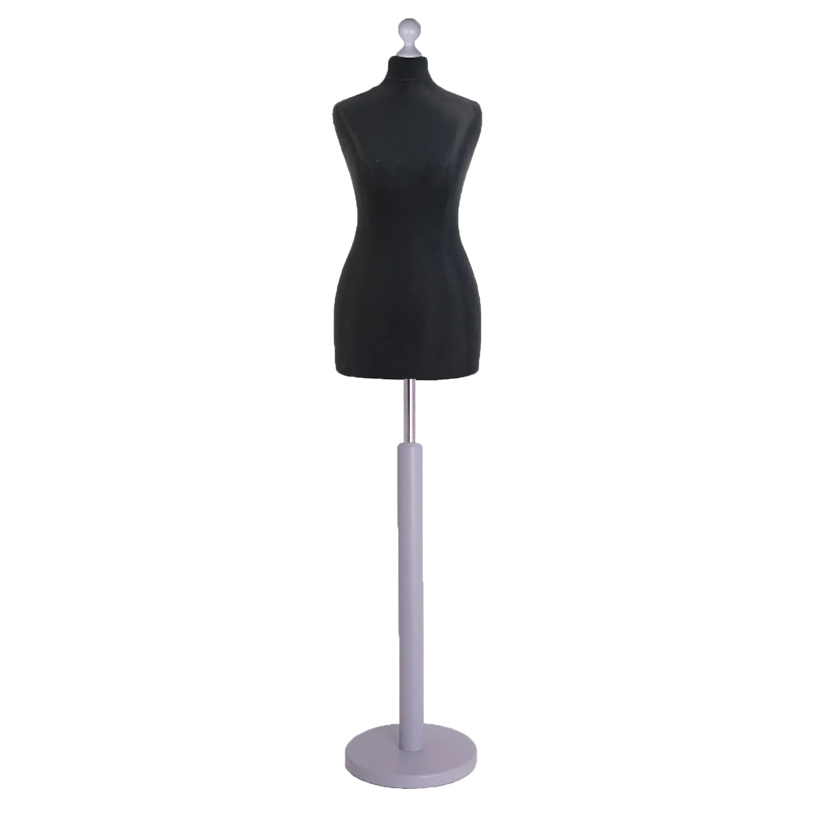 Female Tailors Mannequin Black with Choice of Silver Round Base Stands