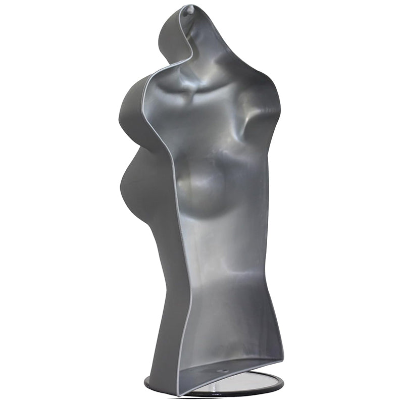 Female Silver 3 Quarter Plastic Body Form Mannequin with Round base stand