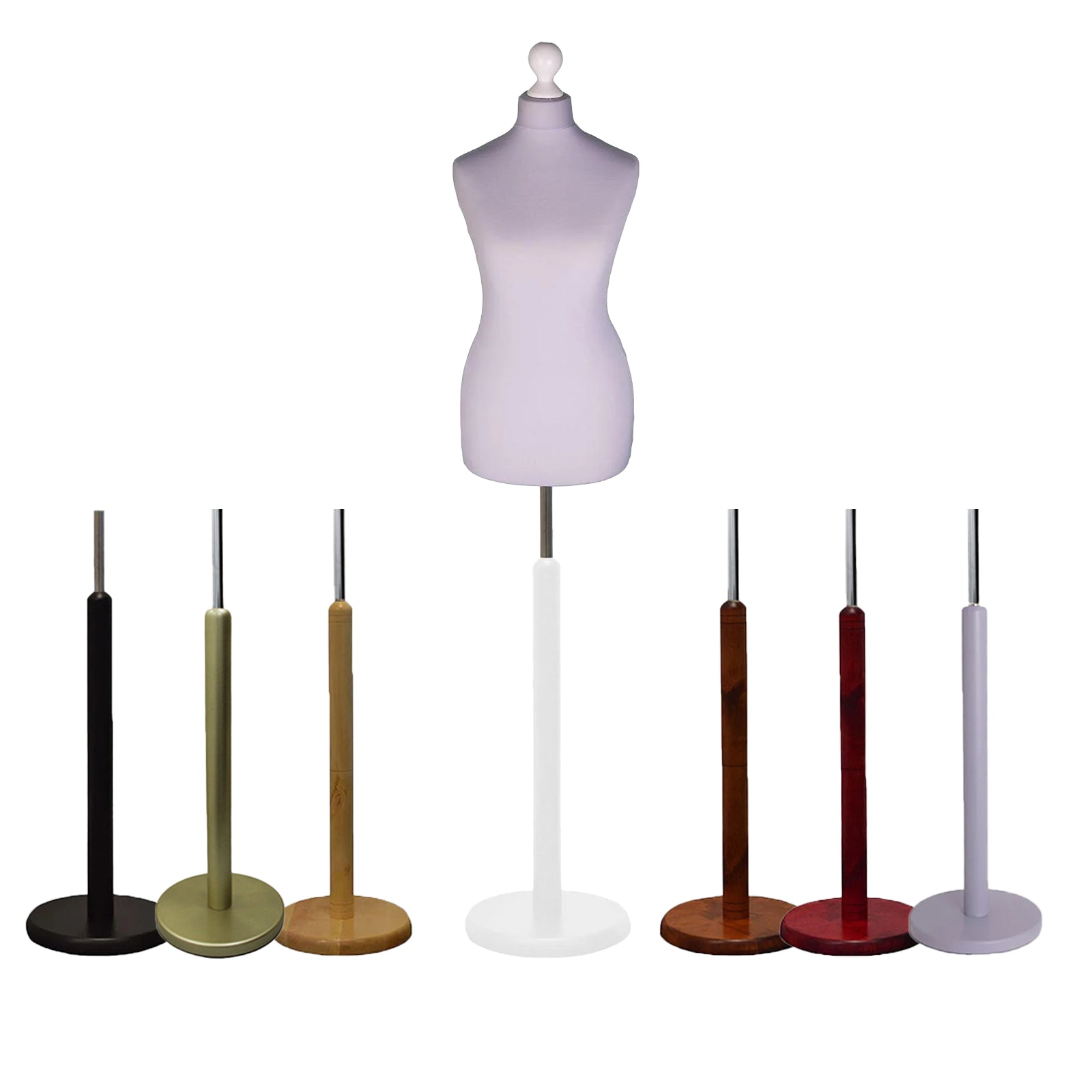 Female Dressmakers Dummy Silver with Choice of Round Base Stands