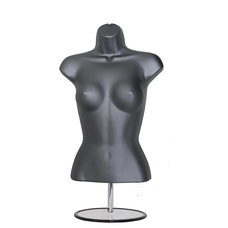 Female Silver 3 Quarter Plastic Body Form Mannequin with Round base stand