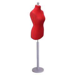 Red torso female tailor dummy on silver wood stand