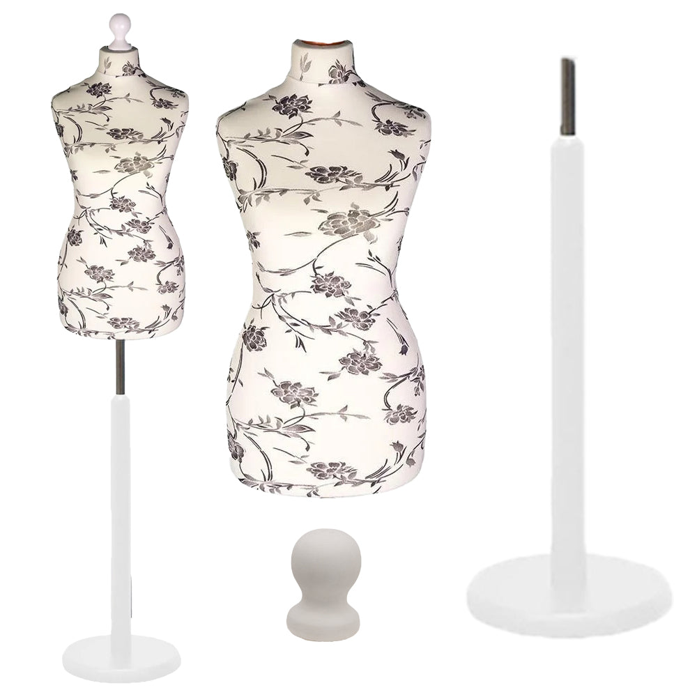 Female Dressmakers Dummy Mannequin Black Floral with White Wood Round Stand