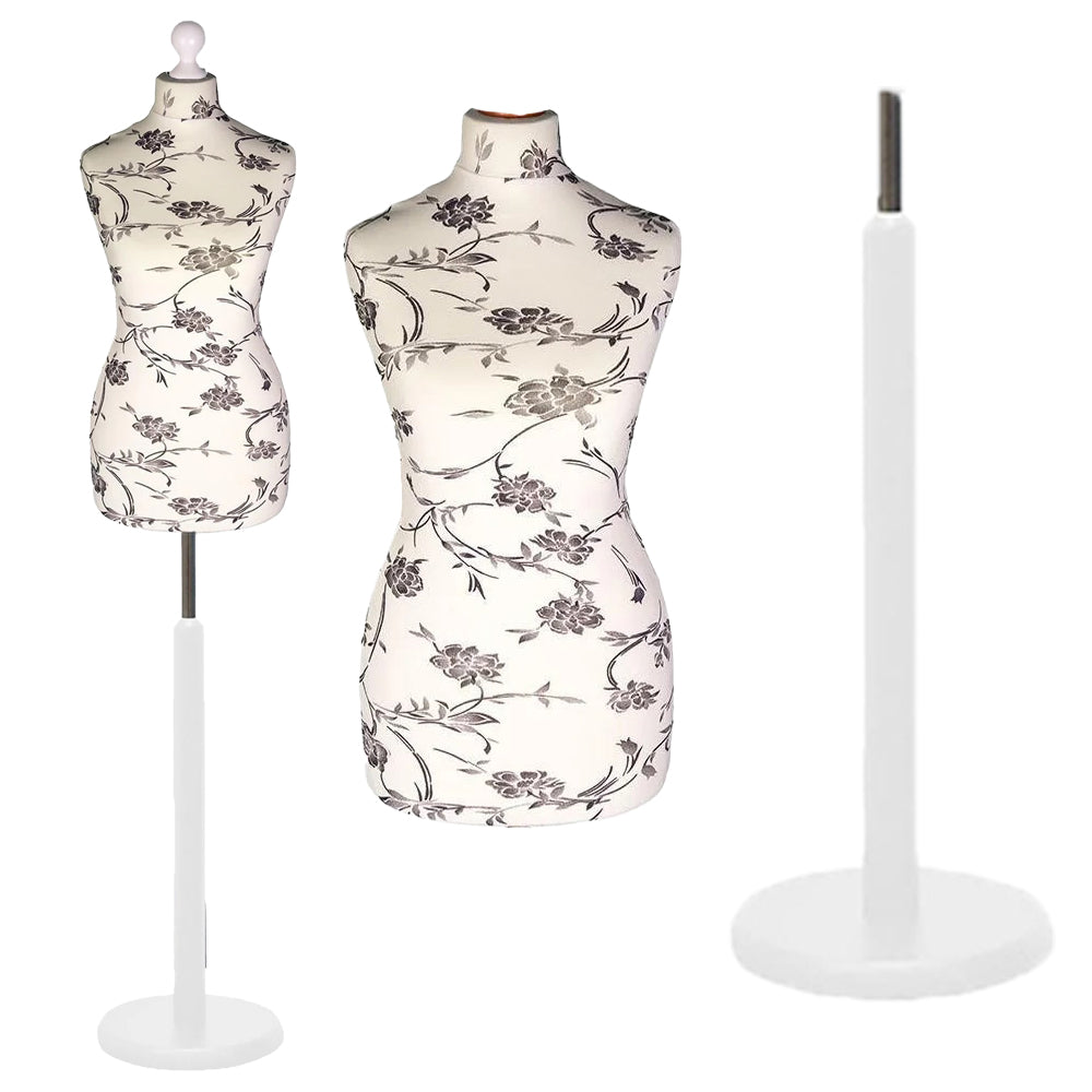 Female Dressmakers Dummy Mannequin Black Floral with White Wood Round Stand