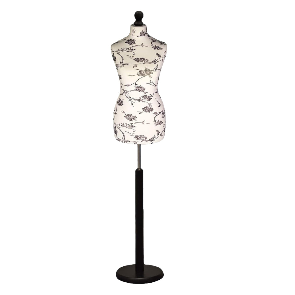 Female Dressmakers Mannequin Black Floral with Choice of  Black Round Base Stands