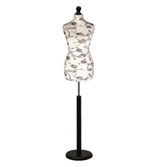 Female Dressmakers Mannequin Black Floral with Black Wood Round Stand