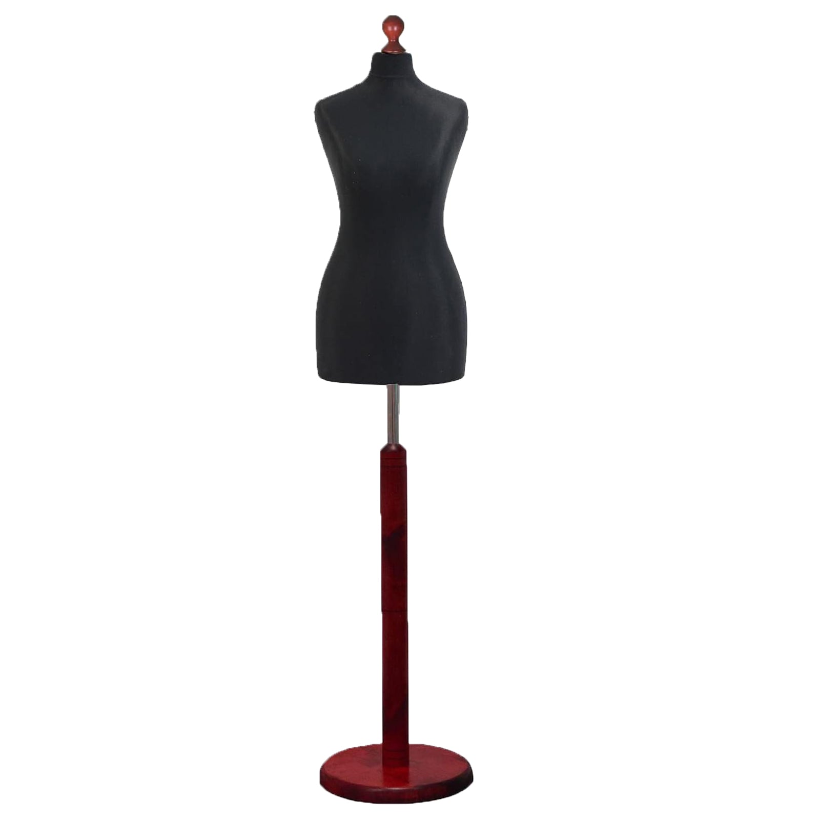 Female Tailors Mannequin Black with Choice of Redwood Round Base Stands