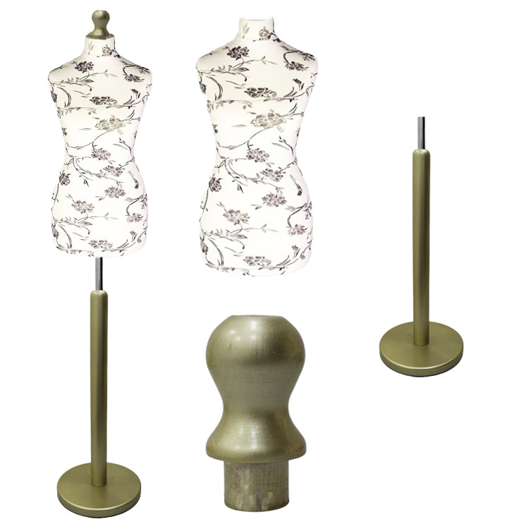 Female Dressmakers Mannequin Black Floral with Gold Wood Round Stand
