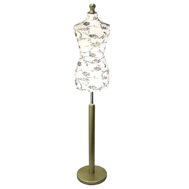 Female Dressmakers Mannequin Black Floral with Choice of Gold Round Base Stands