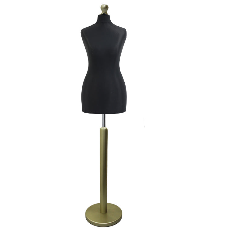 Female Tailors Mannequin Black with Choice of Gold Round Base Stands