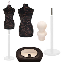 Display Geek Female Dressmakers Dummy Mannequin Brown Flower on Black Torso with Whitewood Round Base Stand