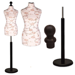 Display Geek Female Dressmakers Dummy Mannequin Brown Flower on Cream Torso with Black wood Round Base Stand
