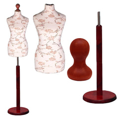 Display Geek Female Dressmakers Dummy Mannequin Brown Flower on Cream Torso with Red Wood Round Base Stand