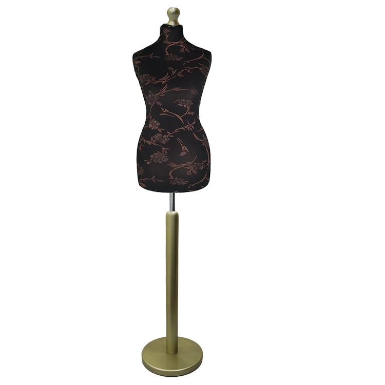 Female Tailors Dummy Brown Floral On Black with Choice of Gold Round Base Stands