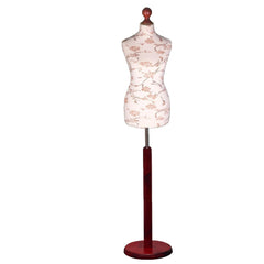 Display Geek Female Dressmakers Dummy Mannequin Brown Flower on Cream Torso with Red Wood Round Base Stand