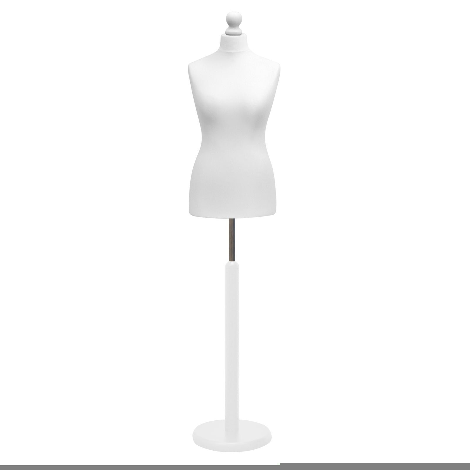 Female Tailors Mannequin White with Choice of white wood Round Base Stands