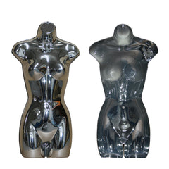 Full-size chrome female mannequin body form with reflective finish for clothing presentation