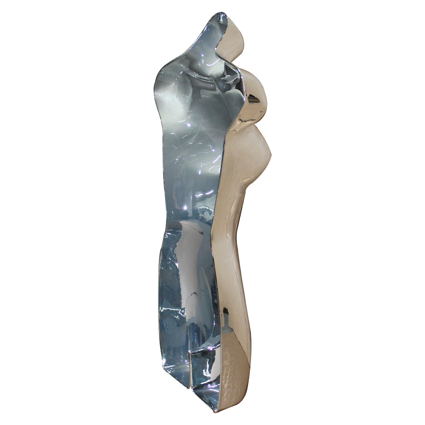Chrome female body form mannequin with glossy surface, perfect for retail apparel displays.