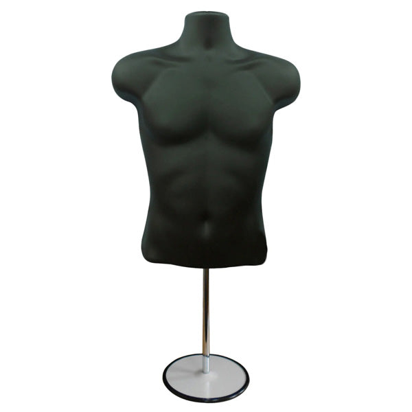 Male Black 3 Quarter Plastic Body Form Mannequin with Round base stand