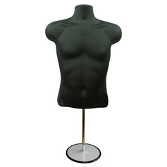 Male Black 3 Quarter Plastic Body Form Mannequin with Round base stand