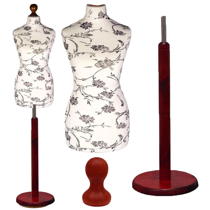 Female Dressmakers Mannequin Black Floral with Red Wood Round Stand
