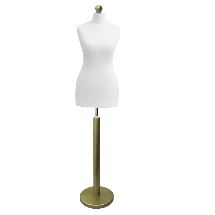 Female Tailors Mannequin White with Choice of Gold wood Round Base Stands