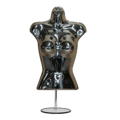 Female shiny chrome three-quarter plastic body form mannequin with round base stand for clothing display.