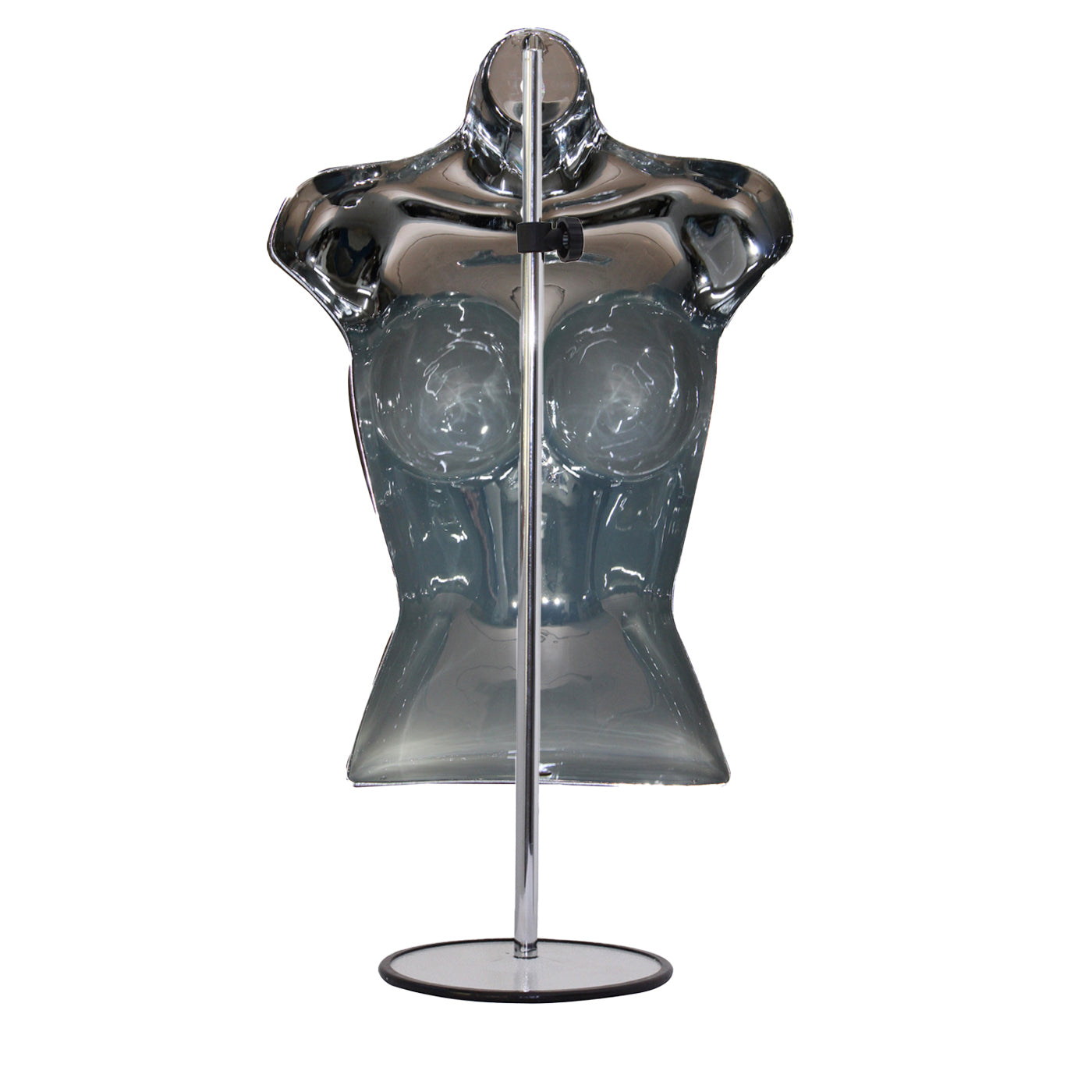 Shiny chrome mannequin body form with round base stand for stylish clothing exhibitions.