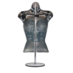 Shiny chrome mannequin body form with round base stand for stylish clothing exhibitions.