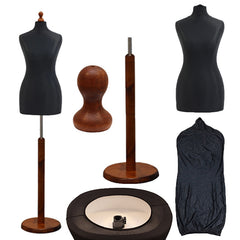 Display Geek Female Dressmakers Dummy Black Torso with Darkwood Round Base Stand
